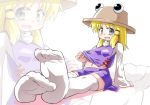  arm_support blonde_hair fang feet foreshortening geperu hat looking_at_viewer midriff moriya_suwako navel no_shoes obyaa open_mouth pov_feet shirt_lift sitting skirt solo thighhighs touhou white_legwear yellow_eyes zettai_ryouiki zoom_layer 