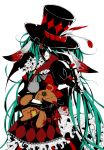  :q absurdres blood dress gloves green_hair hair_over_one_eye hat hatsune_miku highres jewelry karano long_hair red_eyes ring simple_background solo stuffed_animal stuffed_toy teddy_bear tongue top_hat very_long_hair vocaloid 