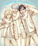  3boys black_hair blonde_hair blue-framed_eyewear blue_eyes boy_sandwich brown_eyes coat fingerless_gloves glasses gloves green_eyes grin hair_over_one_eye happy_birthday highres katsuki_yuuri male_focus multiple_boys one_eye_closed open_mouth sandwiched scarf shared_scarf silver_hair smile v viktor_nikiforov white_gloves whitemop_jog yuri!!!_on_ice yuri_plisetsky 