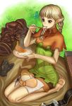  belt blonde_hair boots bowl braid bread brown_eyes cheese dragon&#039;s_crown dragon's_crown eating elf elf_(dragon&#039;s_crown) elf_(dragon's_crown) eyebrows feet food foot gloves knife kyodairobo pointy_ears shorts sitting solo soup spoon twin_braids 
