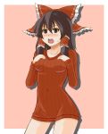  bottomless bow brown_eyes hair_bow hair_tubes hakurei_reimu long_hair naked_sweater open_mouth sweater touhou zetsumame 