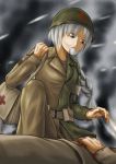  air_(artist) bag belt blood braid cross helmet highres long_hair medic military military_uniform pouch red_cross silver_hair soldier touhou uniform war world_war_ii wwii yagokoro_eirin 