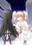  akemi_homura black_hair bow dress flashing goddess_madoka hair_bow hair_ribbon kaname_madoka long_hair magical_girl mahou_shoujo_madoka_magica multiple_girls panties panty_pull pink_hair ribbon sicile_gloria skirt skirt_lift spoilers surprised ultimate_madoka underwear 