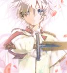  alternate_costume blonde_hair blue_eyes blurry depth_of_field hekicha kagamine_len looking_at_viewer male petals solo sword vocaloid weapon zoom_layer 