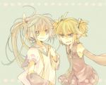  2girls bare_shoulders blonde_hair blue_eyes blue_hair costume_switch detached_sleeves fangs grin hair_bow hatsune_miku hatsune_miku_(cosplay) headphones kagamine_len kagamine_len_(cosplay) long_hair necktie open_mouth ponytail skirt twintails uma54coe vocaloid 