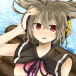  breasts brown_hair bust earmuffs hand_on_head headphones log oh_juun open_mouth raft red_eyes sleeveless solo touhou toyosatomimi_no_miko water 