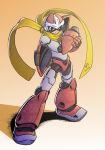  android arm_cannon armor blues_(rockman) capcom closed_mouth fontes-makua helmet male rockman rockman_(classic) scarf shield signature solo standing sunglasses weapon 