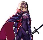  1girl blonde_hair cape fate/grand_order fate_(series) highres jeanne_alter looking_at_viewer ruler_(fate/apocrypha) short_hair smile solo sword weapon 