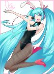  animal_ears aqua_eyes aqua_hair bunny_ears bunnysuit fishnet_pantyhose fishnets hatsune_miku headphones high_heels long_hair microphone open_mouth outstretched_arm pantyhose shoes solo twintails very_long_hair vocaloid wink 
