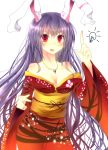  animal_ears bare_shoulders breasts bunny_ears cleavage fang heart heart-shaped_pupils highres idea japanese_clothes jewelry kimono lightbulb long_hair necklace obi off_shoulder pendant purple_hair red_eyes reisen_udongein_inaba solo symbol-shaped_pupils touhou very_long_hair xe-cox yukata 