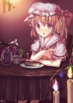  ascot blonde_hair blush cake candle cup dish eating fang flandre_scarlet food fork ha_ru hat highres open_mouth red_eyes short_hair side_ponytail sitting smile solo teacup teapot the_embodiment_of_scarlet_devil touhou twintails 