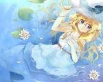  1girl blonde_hair blue_eyes bow bracelet chocho_(homelessfox) dress flower hand_on_own_chest hand_to_chest hat jewelry lily_pad long_hair lying on_back original partially_submerged petals ribbon solo submerged sun_hat water 