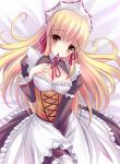  bed_sheet blonde_hair blush breasts cleavage cleavage_cutout corset eclair_femirinsu hand_on_own_chest hand_to_chest handmaid_garden headdress long_hair looking_at_viewer maid maid_headdress mouth_hold on_back shimokirin solo yellow_eyes 