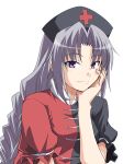  braid bust chin_rest face grey_hair hat long_hair looking_at_viewer purple_eyes rimibure simple_background single_braid smile solo touhou tsurime violet_eyes yagokoro_eirin 