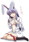  black_legwear breasts bunny_ears dress_shirt drooling footwear long_hair navel no_bra no_pants open_clothes open_shirt panties purple_hair red_eyes reisen_udongein_inaba rimibure shirt sitting socks striped striped_panties touhou underwear wariza 