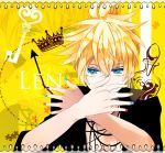  arms_up asrhion bangs blonde_hair blue_eyes bottle clock crown fingernails heart kagamine_len key male nail_polish open_clothes open_shirt ponytail puzzle_piece shirt sleeves_rolled_up solo sparkle text vocaloid 