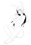  animal_ears bad_id bare_legs bare_shoulders barefoot blush bracelet breasts bunny_ears charlotte_e_yeager cleavage collarbone eating highres jewelry lineart long_hair monochrome mouth_hold popsicle s_tanly simple_background sitting strike_witches sweat underwear underwear_only 