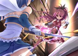  arche.x battle black_legwear blue_hair boots cape from_behind gloves grin hair_ribbon long_hair mahou_shoujo_madoka_magica miki_sayaka multiple_girls ponytail red_eyes red_hair ribbon riki_(archf) sakura_kyouko short_hair skirt smile sword thighhighs weapon 