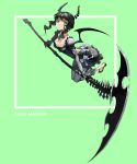  black_rock_shooter bow breasts cleavage dead_master dress drill_hair gloves green_eyes highres horns justminor leggings open-back_dress solo twintails wings 