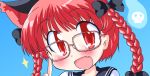  :d alternate_costume animal_ears bespectacled blush bow braid cat_ears extra_ears face fang geetsu glasses kaenbyou_rin open_mouth pink-framed_glasses red_eyes red_hair redhead school_uniform serafuku smile solo touhou twin_braids twintails 