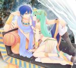  arm_support bad_id bare_legs blue_eyes blue_hair boots bracelet circlet cushion earrings egyptian eye_contact green_eyes green_hair hatsune_miku high_heels irono_yoita jewelry kaito long_hair looking_at_another midriff nail_polish no_shirt reclining scarf see-through shirtless shoes skirt vambraces very_long_hair vocaloid 