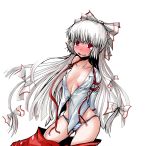  arms_behind_back bikini blush bow breasts cleavage embarrassed fujiwara_no_mokou hair_bow highres long_hair mokujinn no_bra open_clothes open_shirt pants_down red_eyes shirt silver_hair simple_background solo striped striped_bikini striped_swimsuit suspenders swimsuit tears touhou undone very_long_hair 