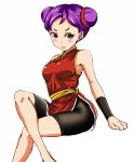  armpits bare_shoulders bike_shorts black_eyes blush bracer character_request china_dress chinese_clothes copyright_request crossed_legs double_bun forehead looking_at_viewer purple_hair simple_background sitting solo suta_furachina white_background 