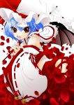  &gt;:) &gt;:d :d aoro bat_wings bell blue_hair cosplay detached_sleeves fang gohei hakurei_reimu hakurei_reimu_(cosplay) hands_clasped hat japanese_clothes miko open_mouth red_eyes remilia_scarlet sarashi smile solo touhou wings 
