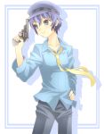  androgynous blue_hair cabbie_hat gun hat necktie persona persona_4 reverse_trap revolver shirogane_naoto short_hair tomboy weapon yukigumo 