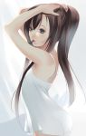  adjusting_hair blue_eyes blush brown_hair curtains dress fuuchouin_kazuki getbackers highres lips long_hair male mouth_hold nightgown panties papillon10 ponytail see-through solo sweat trap underwear very_long_hair white_dress white_panties wind 