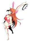  animal_ears arm_up bad_id bare_legs bare_shoulders bikini blue_eyes breasts bunny_ears charlotte_e_yeager foreshortening from_above goggles goggles_removed grin long_hair looking_up orange_hair red_bikini s_tanly simple_background smile solo standing strike_witches swimsuit wink 