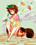  :p :q animal_ears breasts brown_hair eyes face futatsuiwa_mamizou glasses large_breasts leaf legs raccoon_ears raccoon_tail sandals shima_mei shimana_(cs-ts-az) sitting sketch skirt smile solo tail thighs tongue touhou yellow yellow_eyes 