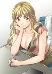  blonde_hair blouse bra breasts chair character_request chin_rest cleavage collarbone cuvie down_blouse large_breasts leaning_forward lingerie long_hair nightmare_maker orange_eyes sitting smile solo underwear watch wristwatch 