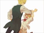  \o/ america_(hetalia) arm_grab arms_up axis_powers_hetalia bad_id blonde_hair blush border bowtie brown_hair closed_eyes dutch_angle eyes_closed from_behind green_eyes grin hand_on_hip happy jumping male multiple_boys open_mouth outstretched_arm outstretched_arms pants short_hair simple_background smile united_kingdom_(hetalia) young yuko_mebouki 