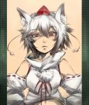  1girl animal_ears bare_shoulders bust detached_sleeves face fang hands_on_hips harusame_(unmei_no_ikasumi) hat inubashiri_momiji looking_down raised_eyebrow red_eyes short_hair simple_background solo tokin_hat touhou wolf_ears 