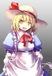  :d apron blonde_hair blue_dress culter dress dress_lift elbow_gloves gloves hat hat_ribbon kana_anaberal looking_at_viewer open_mouth ribbon smile solo touhou touhou_(pc-98) white_gloves yellow_eyes 