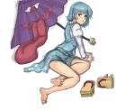  :p arm_support bare_legs barefoot blue_eyes blue_hair feet geta heterochromia highres karakasa_obake kuro_suto_sukii legs red_eyes shoes short_hair sitting skirt smile soles solo tatara_kogasa thighs toes tongue touhou umbrella 