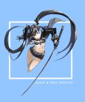  belt bikini_top black_rock_shooter black_rock_shooter_(character) blue_eyes front-tie_top gloves glowing glowing_eye highres hooded_jacket justminor katana long_hair navel overcoat scar short_shorts shorts solo stitches sword thigh_gap thighs twintails very_long_hair weapon 