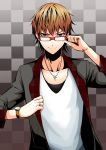  adjusting_glasses attsun_(atsushi_jb) brown_hair chain chains checkered checkered_background copyright_request cross glasses jewelry male necklace original red-framed_glasses red_eyes ring solo watch 