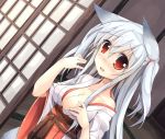  blush breasts cleavage door fang fox_ears hair_ribbon japanese_clothes kimono miko off_shoulder open_mouth original oruton red_eyes ribbon shi-chan_(oruton) silver_hair solo tatami twintails 