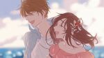  1boy 1girl :d bangs bare_shoulders blue_jacket blue_sky brown_hair closed_eyes clouds cloudy_sky hair_ribbon highres jacket jewelry key long_hair luke_pearce_(tears_of_themis) nacloooo necklace open_mouth outdoors pink_shirt ribbon rosa_(tears_of_themis) shirt short_hair sky smile tears_of_themis white_shirt wind wind_lift 