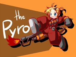  1dtsa blonde_hair blue_eyes bodysuit cosplay flamethrower flat_chest gloves ichidai_taisa short_hair solo team_fortress_2 the_pyro weapon 