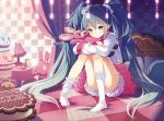  1girl bed bloomers checkered checkered_background copyright_name hatsune_miku long_hair lots_of_laugh_(vocaloid) rabbit scrunchie sheep_sleep sitting socks solo stuffed_animal stuffed_toy twintails underwear very_long_hair vocaloid 