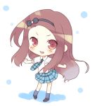  blush blush_stickers brown_eyes brown_hair chibi fang hairband idolmaster komi_zumiko looking_at_viewer minase_iori necktie open_mouth outstretched_arms pigeon-toed pigeon_toed plaid plaid_skirt pleated_skirt rough_time_school skirt socks solo spread_arms 