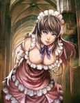  arms_behind_back bare_shoulders blue_eyes breasts brown_hair cleavage down_blouse frills large_breasts leaning_forward lips long_hair maid maid_headdress original realistic solo wanhsienwei 