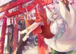  1girl animal_ears anklet barefoot cherry_blossoms crossed_legs feet floating fox_ears fox_tail foxgirl frills hakama highres japanese_clothes jewelry juuya kimono legs_crossed long_hair magic miko multiple_tails original paper shrine silver_hair sitting smile stairs tail toes yellow_eyes 