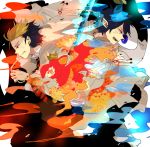  asou_(zone54) bad_id beads black_hair blue_eyes blue_fire blue_flame fire karura kuro_(ao_no_exorcist) multicolored_hair necktie okumura_rin prayer_beads school_uniform short_hair striped striped_necktie suguro_ryuuji sword two-tone_hair weapon 