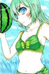  bikini blue_eyes frilled_bikini green_hair long_hair watermelon 