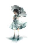  black_hair bobby_socks braid dress green_dress grey_eyes hair_ribbon highres mary_janes original parasol ribbon shoes socks solo striped striped_dress umbrella wind 