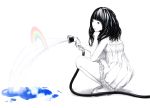  bangs bare_shoulders black_hair blunt_bangs chemise chin_rest hose long_hair monochrome no_socks original puddle rainbow sandals sawasawa simple_background solo spot_color squatting water 
